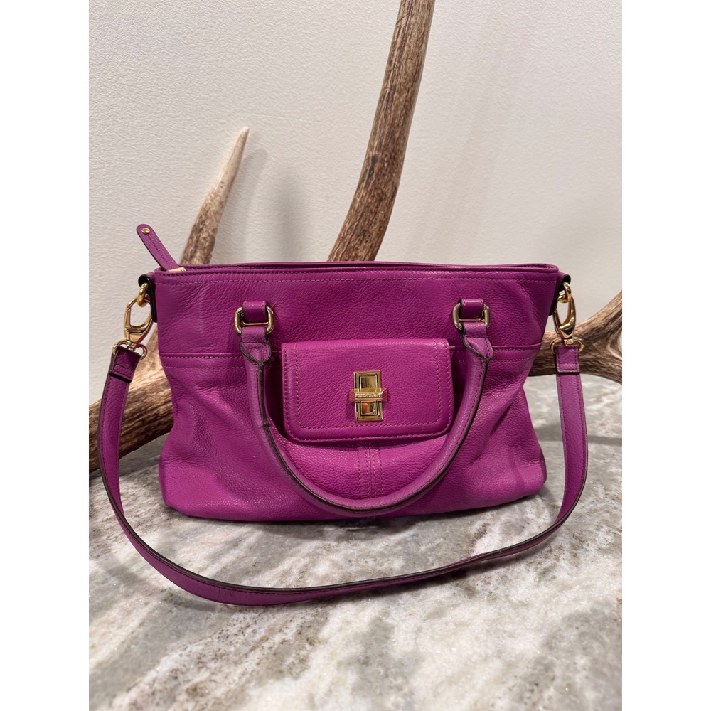 Tignanello Magenta Pebbled Leather Satchel Crossbody Bag Gold Hardware Turnlock